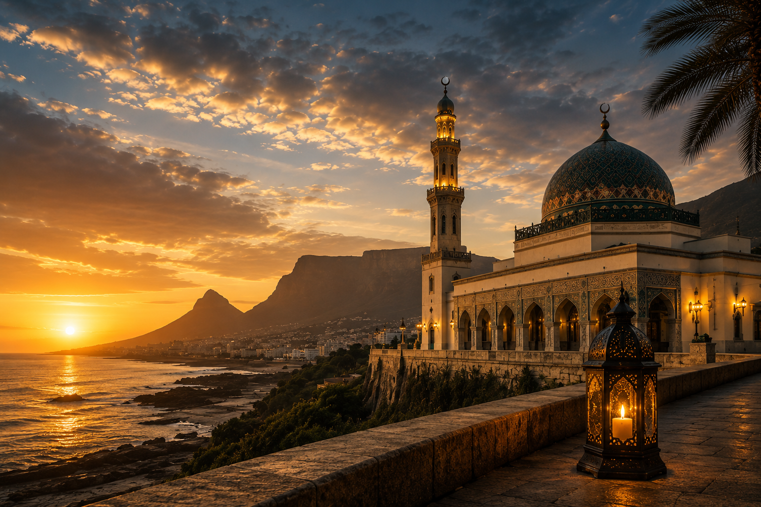 A coastal mosque at sunset representing devotion, remembrance and South African Islamic heritage
