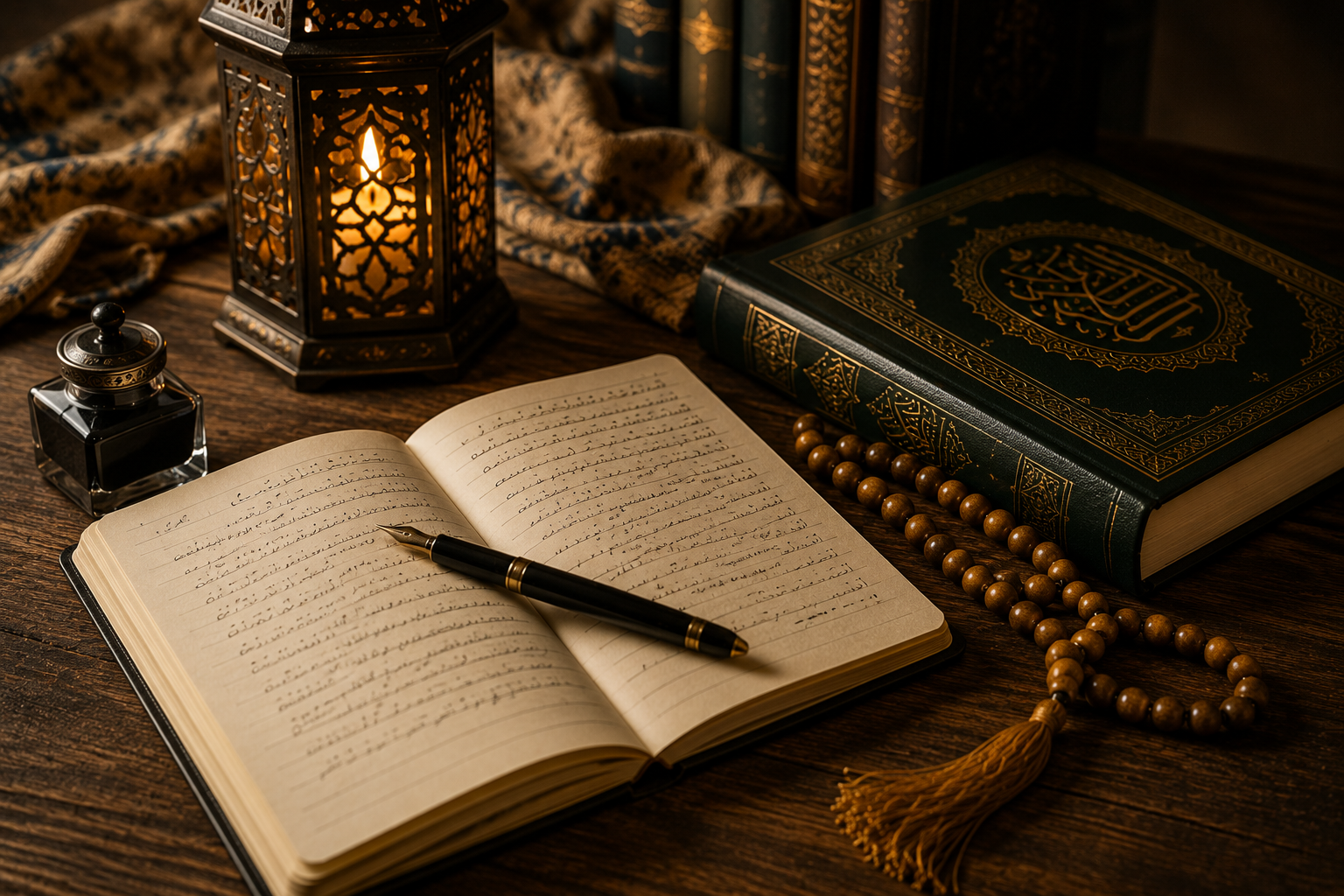 An open writing journal with a fountain pen, Qur'an, prayer beads and lantern